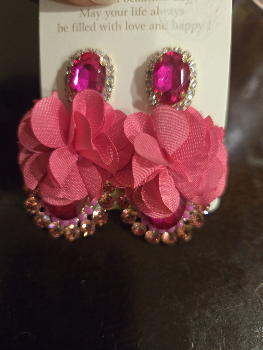Floral Pink Crystal Drop Earrings - Unbranded